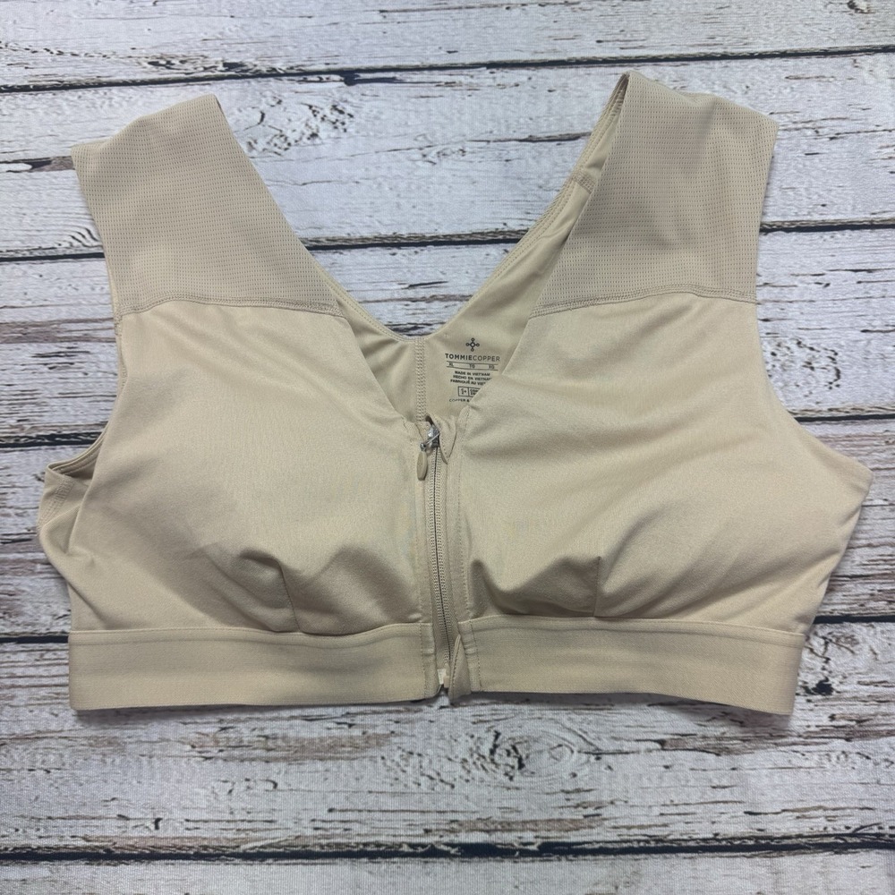 Tommie Copper Sports Bra Womens XL Beige Zip Front Compression Copper Znergy
